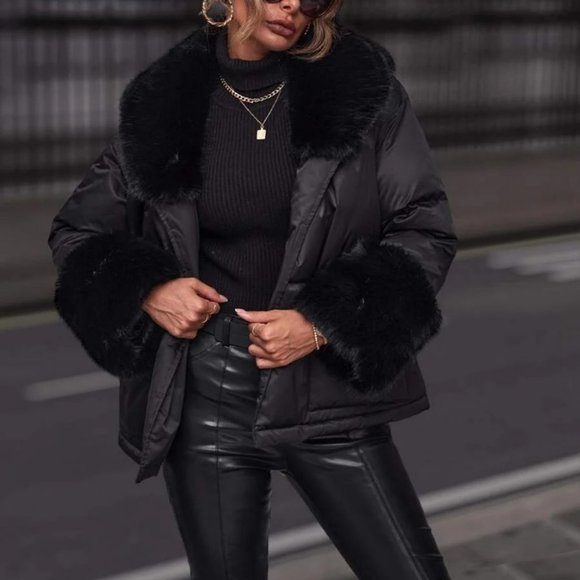 Faux fur Collar Belted Puffer Coat jacket contemporary minimalist - Picture 5 of 6